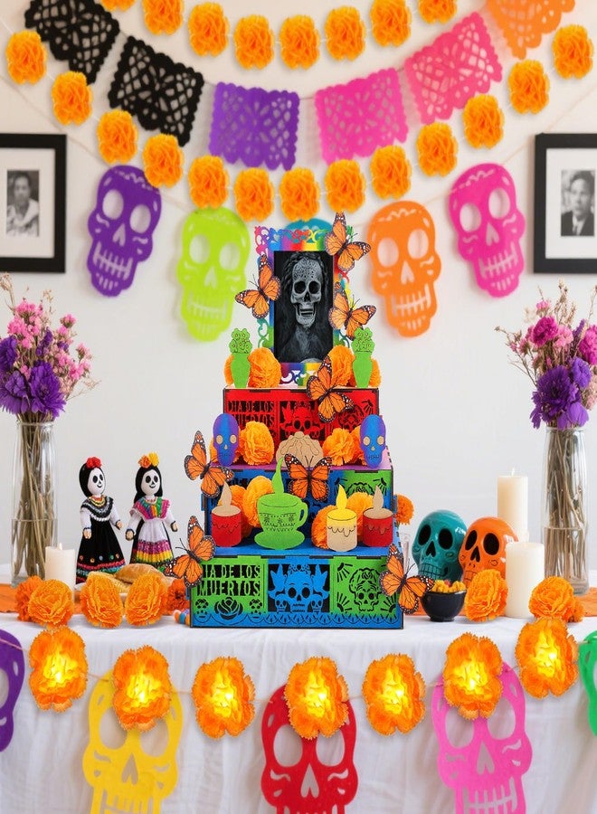 Colingmill 34 Pcs Dia De Los Muertos Decorations Day of the Dead Altar Kit Dia De Los Muertos Altar Ofrenda Shadow Box Wooden Included 6 Inch Marigold Garland with Light Flower Butterfly (Classic) - Image 5